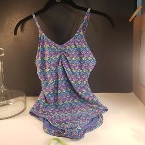 Young girls Size 16 swimsuit with colorful fish pattern.